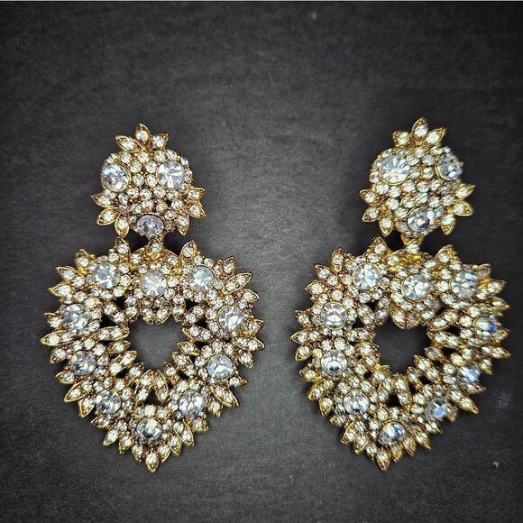 Vintage Thelma Deutsch Signed Large Rhinestone Open Heart Clip Dangle Earrings - Picture 9 of 12